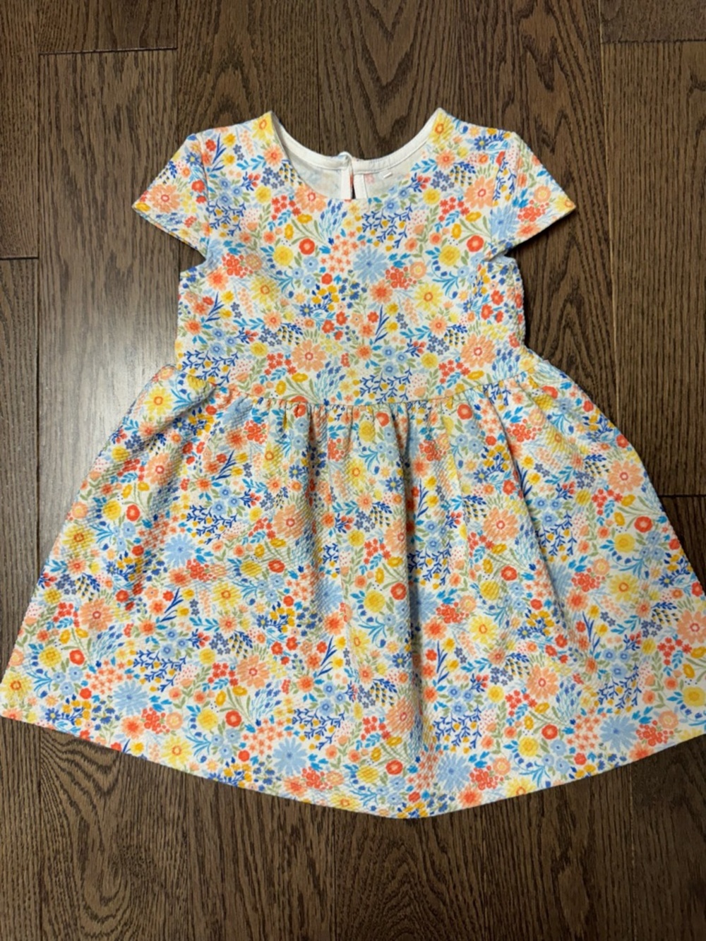 Girls' Short Sleeve Floral Play Dress in White, Blue & Orange 18-24m